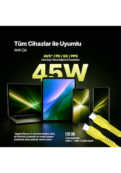 Ttec Smartcharger Gan 45W Avs PD Seyahat Hızlı Şarj Aleti + USB-C - USB-C 3A 120 CM Kablo Neon Sarı