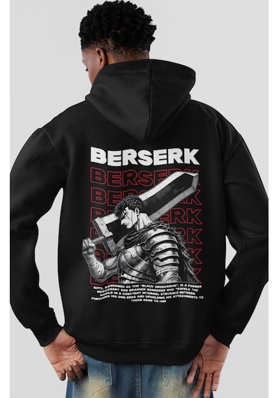 Sevbano Berserk Guts Anime Sırt Baskılı Unisex Oversize Penye Hoodie Siyah