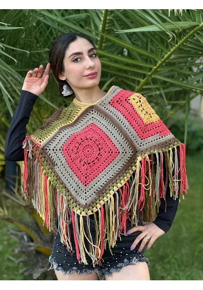 Gönülden Tasarım El Örgüsü Püsküllü Kadın Panço Sarı