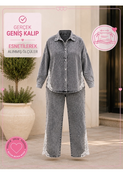 Büyük Beden Yakalı Düğmeli Tunik Gömlekli Paçası Dantel Detaylı Denim Kadın İkili Takım Gri