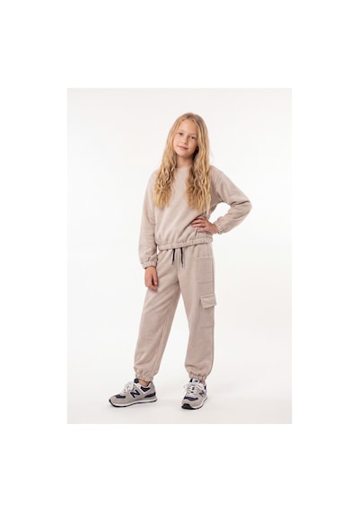 Fyk Kids 3 İplik Kız Çocuk Düz Kısa Bel Sweatshirt Bisiklet Yaka Eşofman Takımı Bej