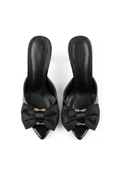 V.s.h Velvet Kadın Fiyonklu 8 Cm Siyah Topuklu Terlik / Siloy-2467