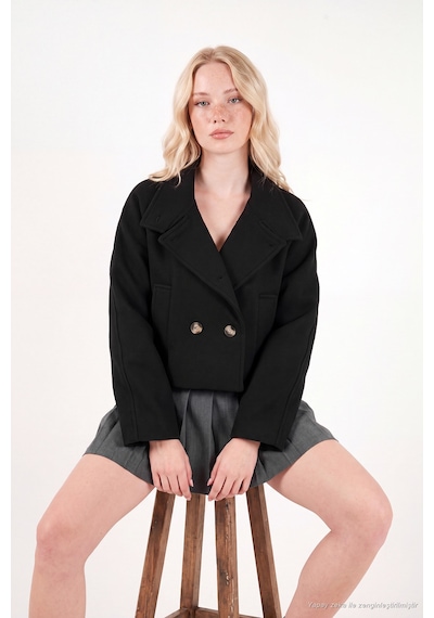 Lela Dik Yaka Düğmeli Kısa Kaşe Mont Kadın Kaşe Mont 611aw115 Siyah