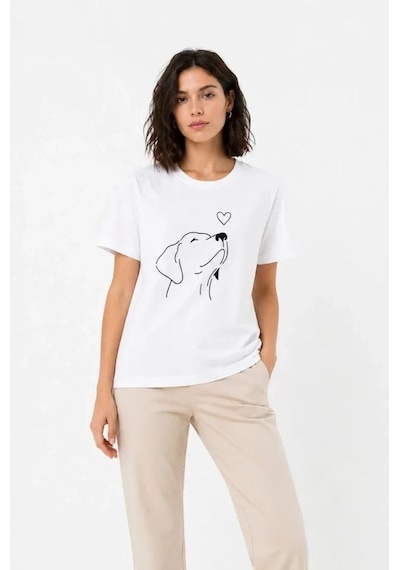 Defymoda Köpek Figürlü Minimal Baskılı Tişört Kısa Kol Yazlık T-shirt - Beyaz