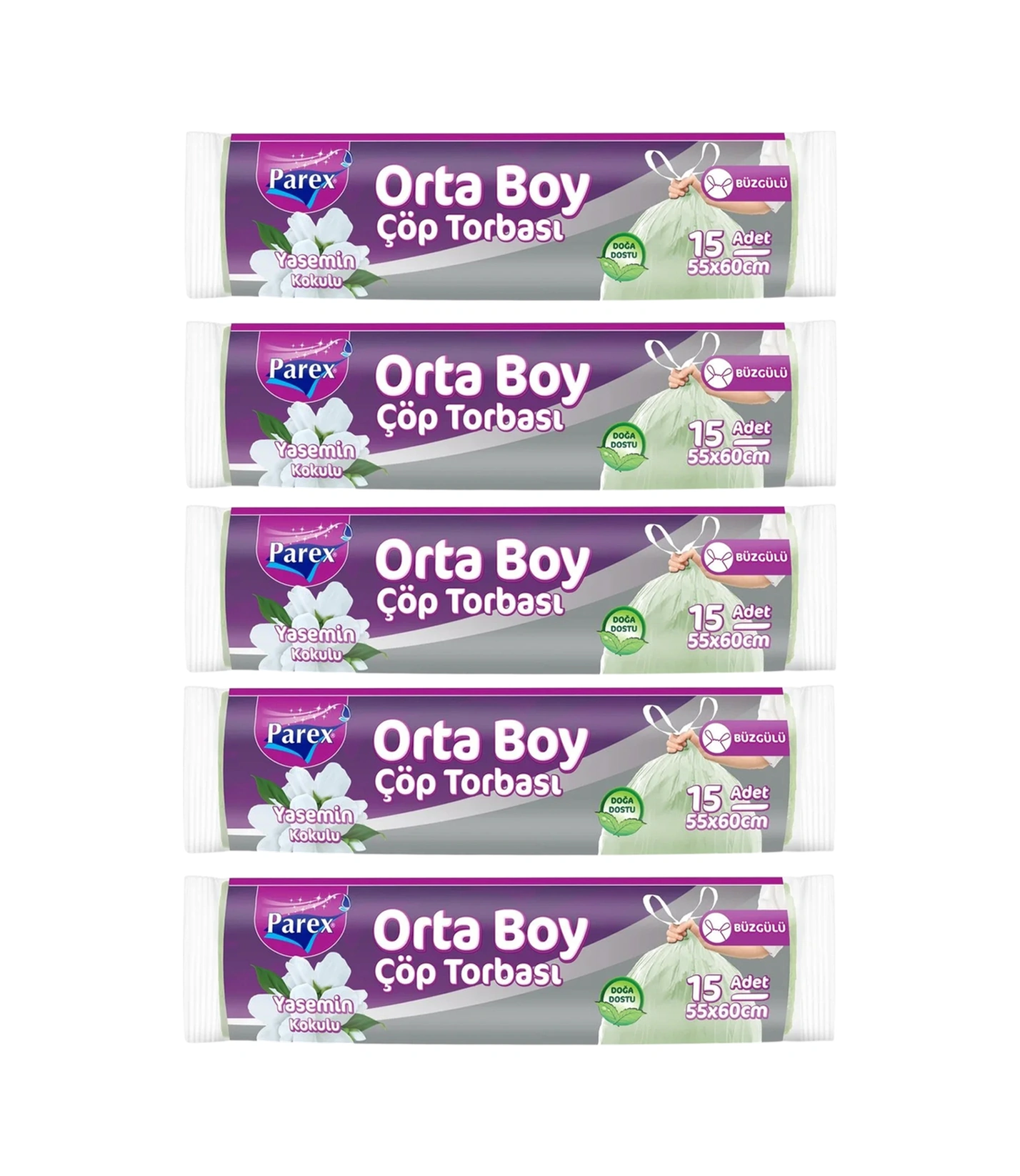 Büzgülü Çöp Torbası Yasemin Kokulu 15'li Orta Boy 55 X 60 Cm Beşli Paket