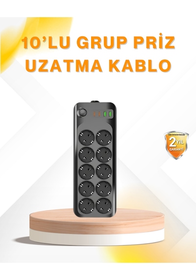 10 Lu Çoklu Priz Termal Korumalı Usb Type-c Çıkışlı 2500w Uzatma Kablosu