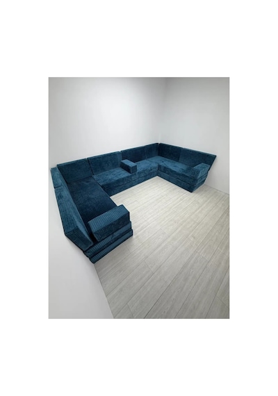 Premium Kadife Kumaş, Konforlu Yer Kanepesi ,modüler Şark Köşesi Takımı - Mavi- 40 Cm - U Set