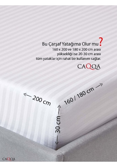 Caqqa Beyaz Çizgili Saten Çarşafı Lastikli Çift Kişilik Premium Otel Nevresim Takımı Beyaz