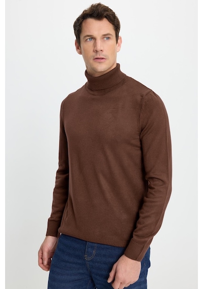Tudors Erkek Slim Fit Dar Kesim Yumuşak Dokulu Tüylenmeyen Kahverengi Tam Balıkçı Yaka Triko Kazak-33110 Kahverengi