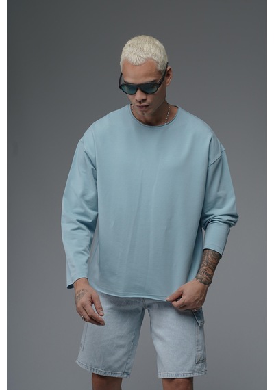 Pis Yaka Oversize Kalıp Düz Sweatshirt Mavi