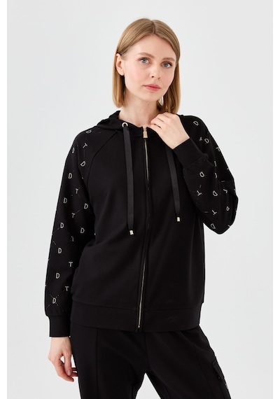 Desen Triko Kadın Triko Taş Baskılı Kapüşonlu Yazlık Sweatshirt Siyah Siyah