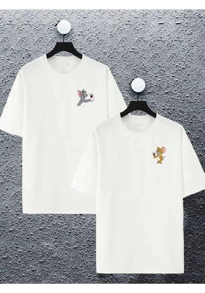 Unisex Kadın Erkek Tom Ve Jerry Şarap Baskılı Sevgili Çift Kombini Tasarım Oversize T-shirt 2'li Set Beyaz1 Mck2119 Beyaz