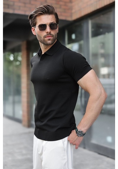 Madmext Siyah Regular Fit Polo Yaka Triko Erkek Tişört E7502