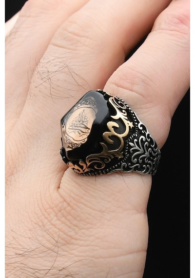Erkek Yüzük 925 Ayar Gümüş Hasbiyallah Yazılı Allah Bana Yeter Sıkma Kehribar Taşlı 902346 Gümüş