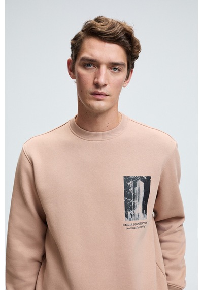 Grimelange LUCIAN Erkek Göğsü Ve Sırtı Baskılı Yuvarlak Yaka Regular Fit Vizon Sweatshirt