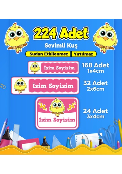 Sevimli Kuş Temalı Okul Kreş Kişiye Özel İsim Etiket Seti - Model 152 Çok Renkli