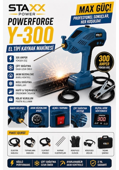 Staxx Stel300 El Tipi Kaynak Makinesi 300a Çift Soğutma Dijital Akım Ayarlı Taşınabilir Kaynak Seti