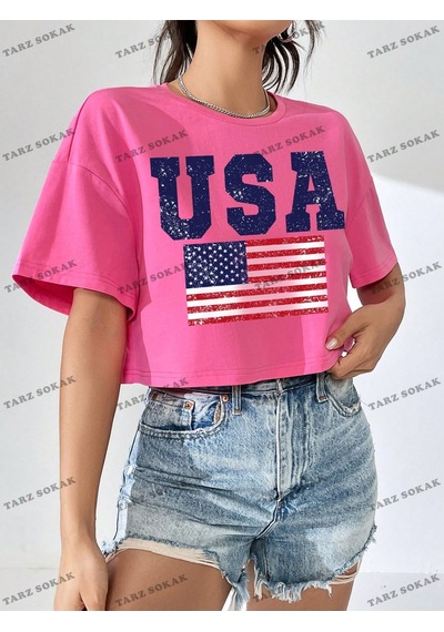 Flood Of Style Crop Ckod-232913 Amerikan Bayrağı Ve Harf Grafikli Düşük Omuz Kısa Pembe