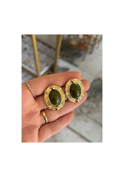 Vintage Model Gold Çerçeveli Haki Küpe Altın