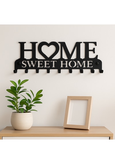 Lunoart Dekoratif Metal Anahtarlık Askılığı Giriş İçin Home Sweet Home Tasarımı Siyah