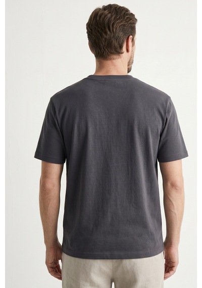 Elemge %100 Pamuk Compact Penye Süprem Kapipara Nakışlı Trend Fit Erkek Tok Kumaş T-shirt Rahat Kesim Antrasit