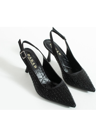 Dabab Shoes Merıa Kadın Siyah 7 Cm Sivri Burun Kristal Taş İşlemeli Slingback Topuklu Ayakkabı