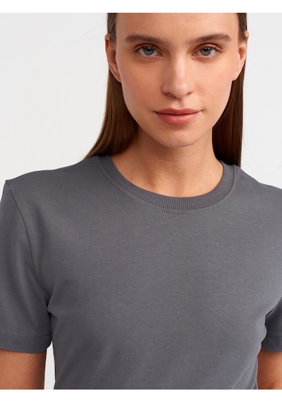 Dilvin Pamuklu Bisiklet Yaka T-shirt Füme