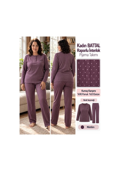 Lana Kadın Battal Pamuk Likralı Raporlu İnterlok Kışlık Pijama Takımı 245/10 - 1 Adet Mürdüm Lana Kadın Battal Pamuk Likralı Raporlu İnterlok Kışlık Pijama Takımı 245/10 - 1 Adet Mürdüm