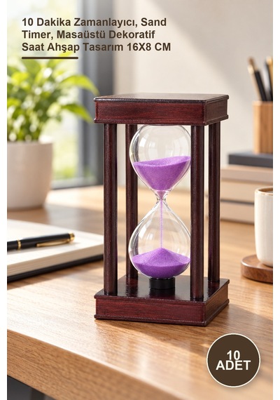 10 Adet Ahşap Kumsaati 10 Dakika Zamanlayıcı, Sand Timer, Masaüstü Dekoratif Saat Ahşap Tasarım 16x8 Cm Altın