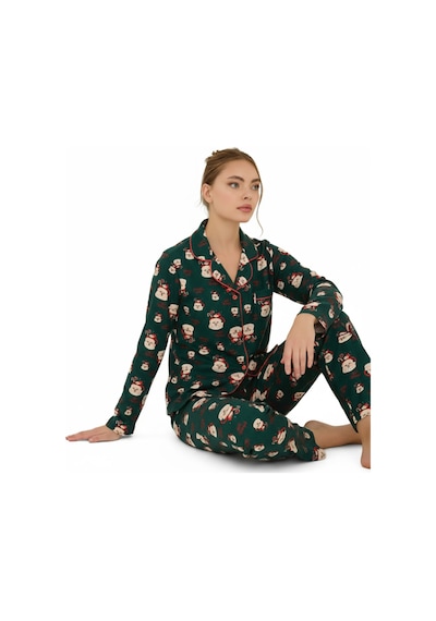 Luxury Soft Yeşil Noel Baba Desenli Uzun Kollu Kadın Pijama Takımı 3023 Turkuaz