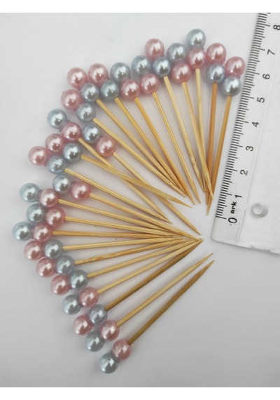 100 Adet Dekoratif Pembe Mavi Çift İncili Pasta Kürdanı 6,5 Cm- İnci 8 Mm - İncili Kanepe Kürdanı