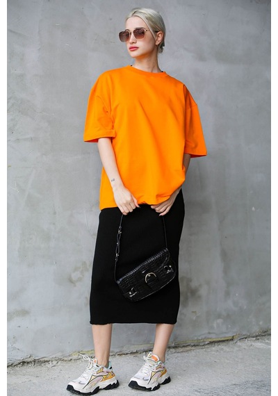 Madmext Turuncu Bisiklet Yaka Basic Oversize T-shirt Mg1687-turuncu Turuncu