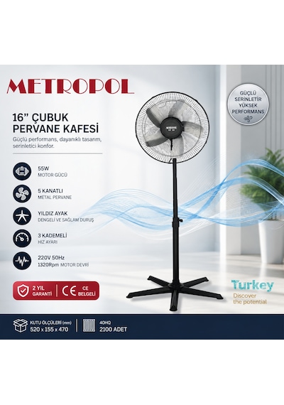 Metropol Mp-1005-m 16" Ayaklı Vantilatör 55w Güçlü Motor İle 5 Kollu Metal Pervane