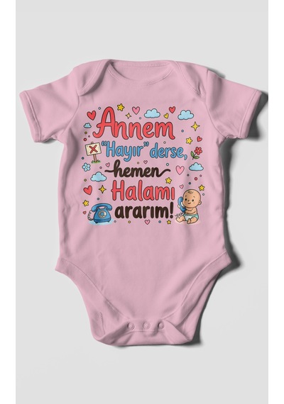 Morivokids Annem Hayır Derse Hemen Halamı Ararım Kısa Kollu Bebek Body %100 Pamuk Koyu Pembe