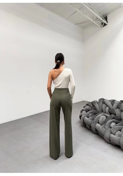 Defymoda 230 Gr Poly Viscose Lycra Metal Düğme Palazzo Pantolon Haki