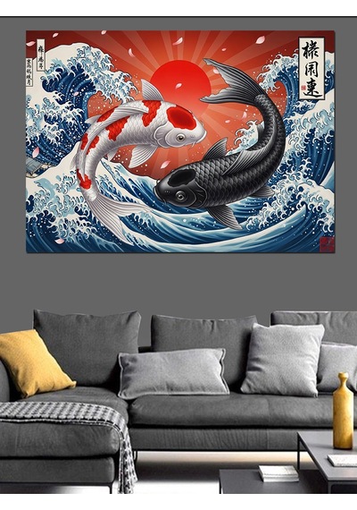 Ahşap Tablo Dalgalar Arasında Kırmızı Japon Balığı Çocuk Odası Tabloları