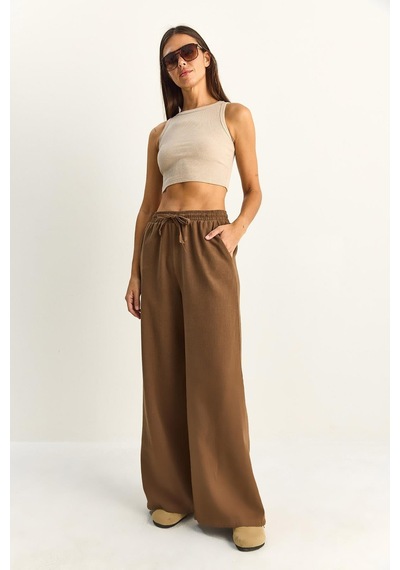 Shade Kadın Beli Lastikli Cep Detaylı Bol Keten Pantolon Yp5562 60286109 - Kahve