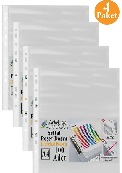 Poşet Dosya 100 Lü A-4 Şeffaf Föy Dosya 4 Paket Artmaster Ofis Okul Kenarı Delikli Poşet Dosya 80 Sayfa Kapasiteli