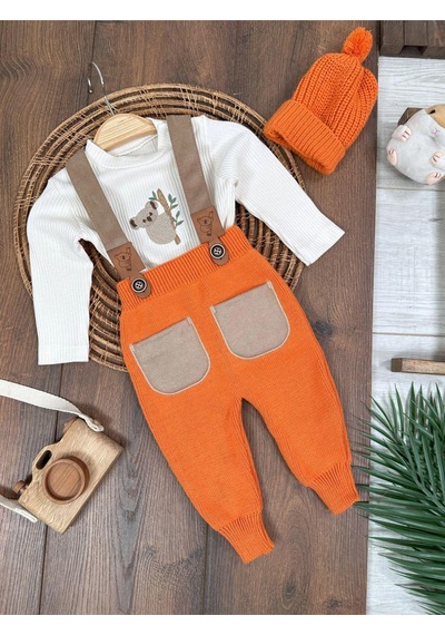 Tiwitibaby Triko Çapraz Askılı Salopet Koala Figürlü Esnek Kaşkorse Badi Bereli Unisex Bebek Takım Turuncu