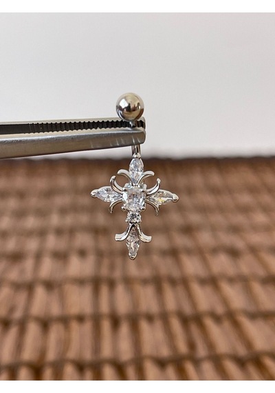 316 L Cerrahi Çelik Anti Alerjik 10 Mm Baget Taşlı Haç Model Göbek Piercingi Rose Gold