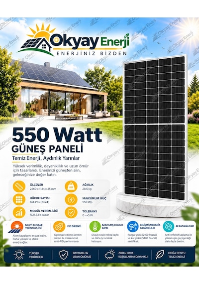 Okyay Enerji 550 Watt Monokristal Güneş Paneli A+