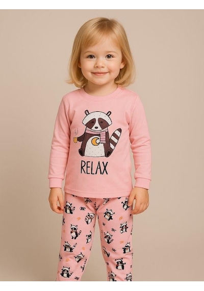 Kız Çocuk Pamuklu Hayvan Baskılı Pijama Takımı-16053 Pembe