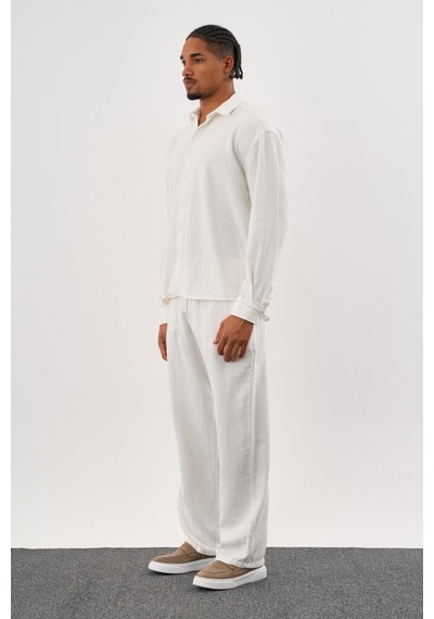 Flare Kışlık Baggy Pantolon Oversize Gömlek Alt Üst Takım %100 Pamuk Beyaz