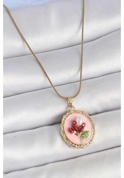 Mey Najmaddin 316l Çelik Gold Renk Zincir Pembe Mineli İncili Çiçek İşlemeli Portre Model Kadın Kolye Najmaddin Altın