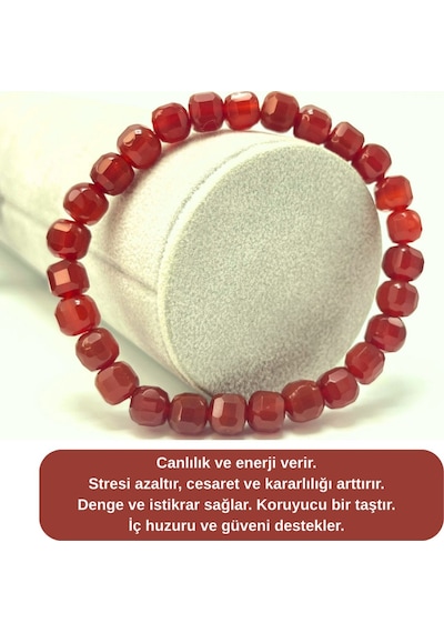 Sertifikalı Kırmızı Akik Küp Kesim Lastikli Doğal Taş Bileklik 6mm Kırmızı