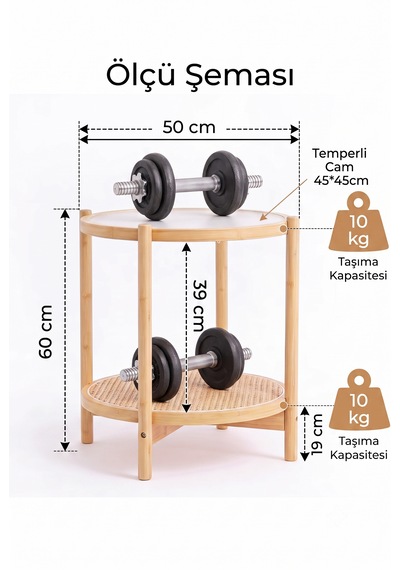 Robin Home Bambu Temperli Camlı Rattan Raflı Yuvarlak Yan Sehpa 45 45cm Bej