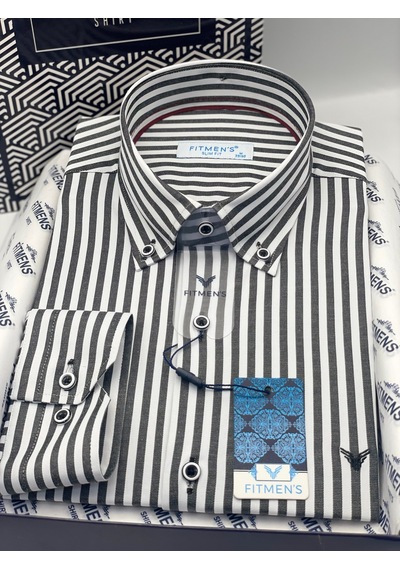 Slim Fit Uzun Kol Likralı Çizgili Yaka Düğmeli Hediye Kutulu Erkek Gömlek Fs-003669 - Koyu Gri-2435