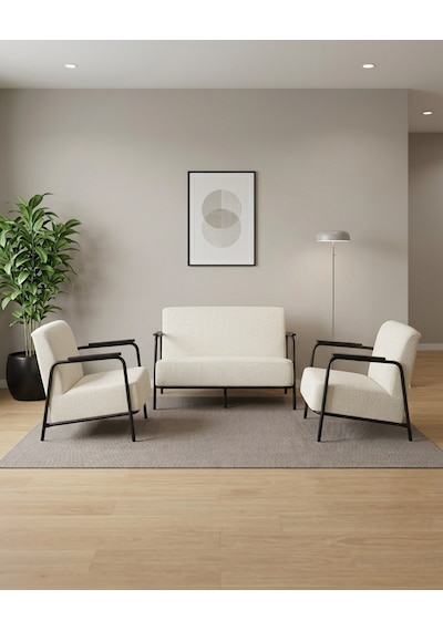 Atlas 2+1+1 Dokuma Kumaş Ofis Cafe Bekleme Koltuk Takımı Siyah Metal Krem