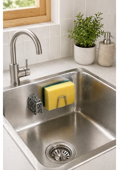 Paslanmaz Çelik Yapışkanlı Drenaj Evye Lavabo Sünger Tutucu Banyo Mutfak Organizer 4,5 cm