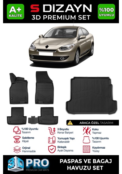 S-dizayn Renault Fluence 3d Pro Havuzlu Paspas Ve Bagaj Havuzu Seti 2'li Set 2010-2016 A+ Kalite